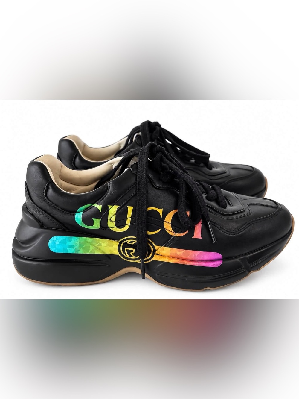 Gucci Black Leather Sneakers with Rainbow Logo